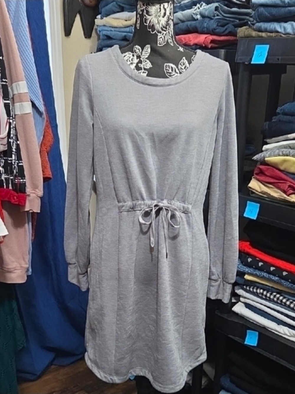 a new day Light Gray Long Sleeve Drawstring Waist Dress